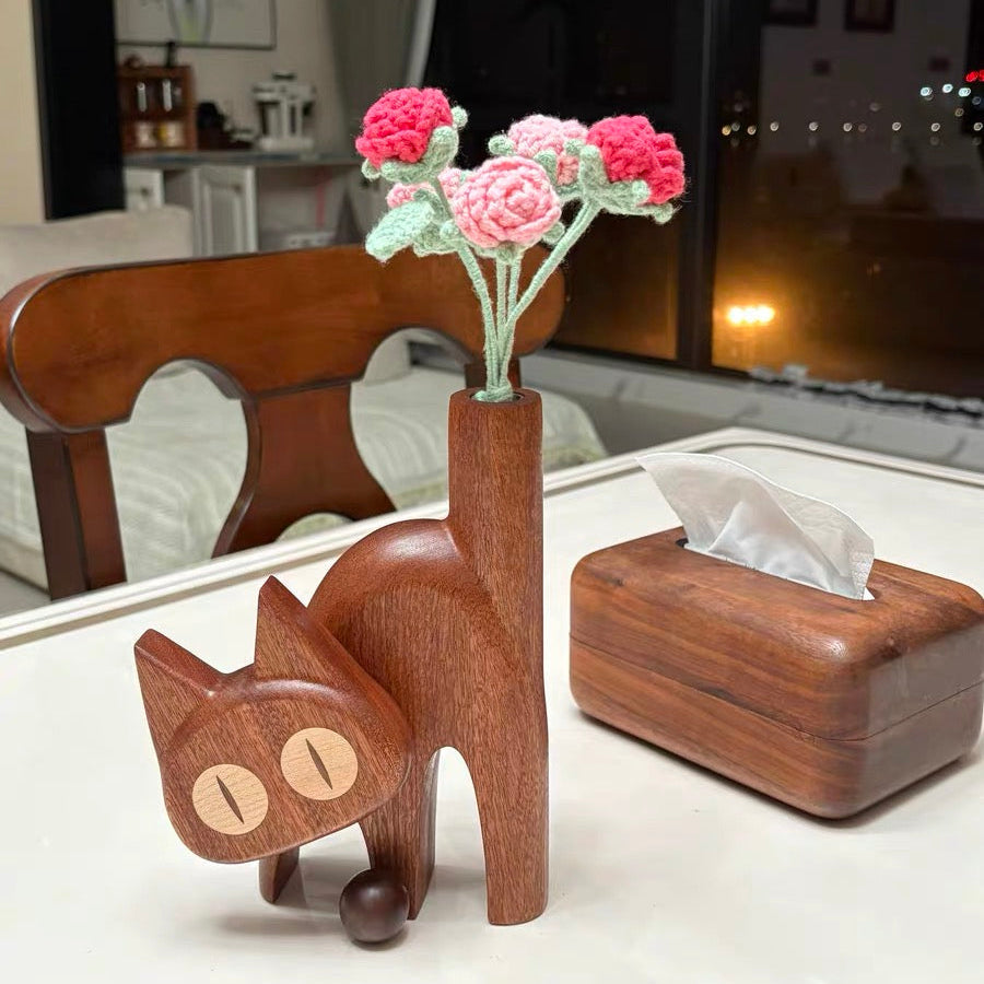Decorative Meow Natural Wooden Flower Vase