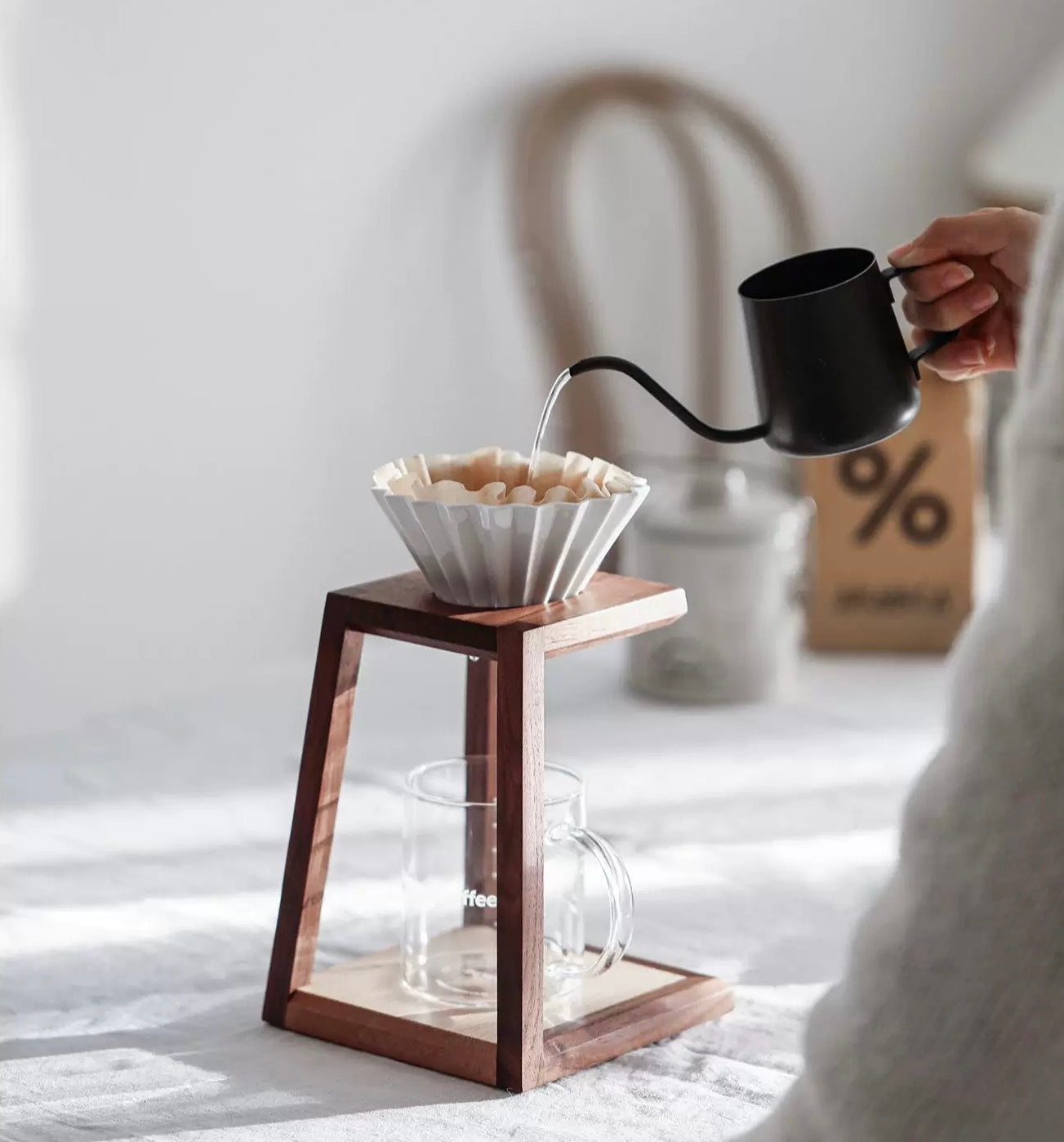 minimalist black walnut coffee stand