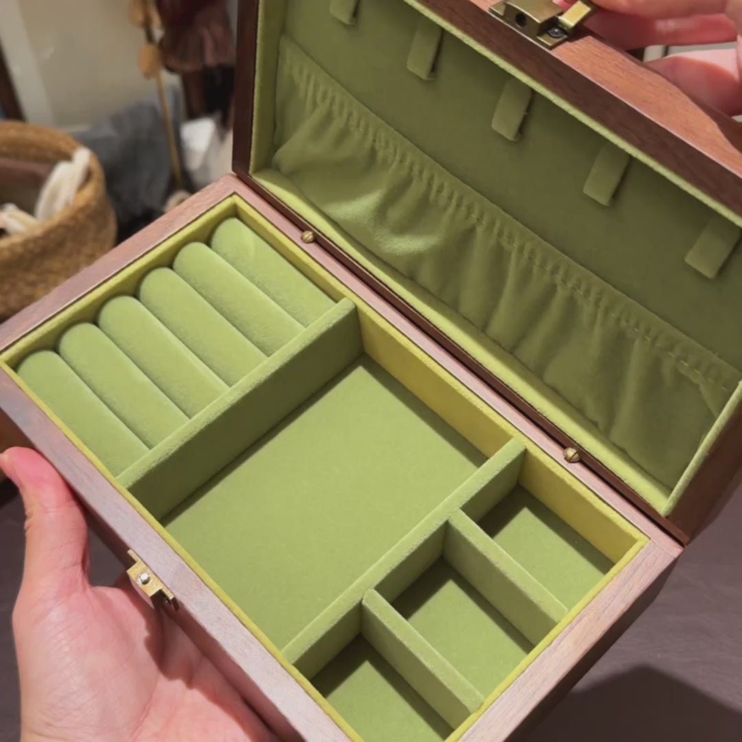 Walnut jewelry box with minimalist Emerald design