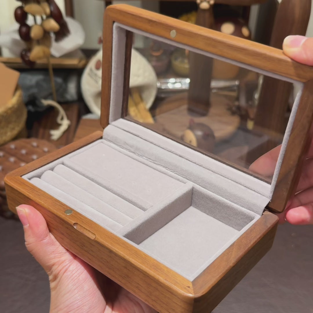 Keeply Walnut Jewelry Box with Glass Top