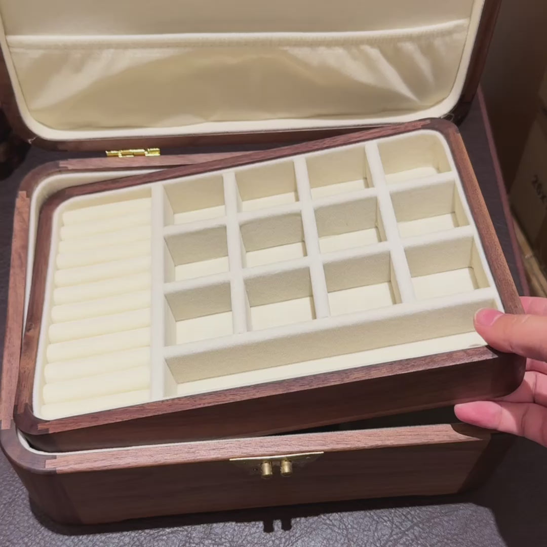 Lunaria Double-Layer Walnut Jewelry Box with Handle