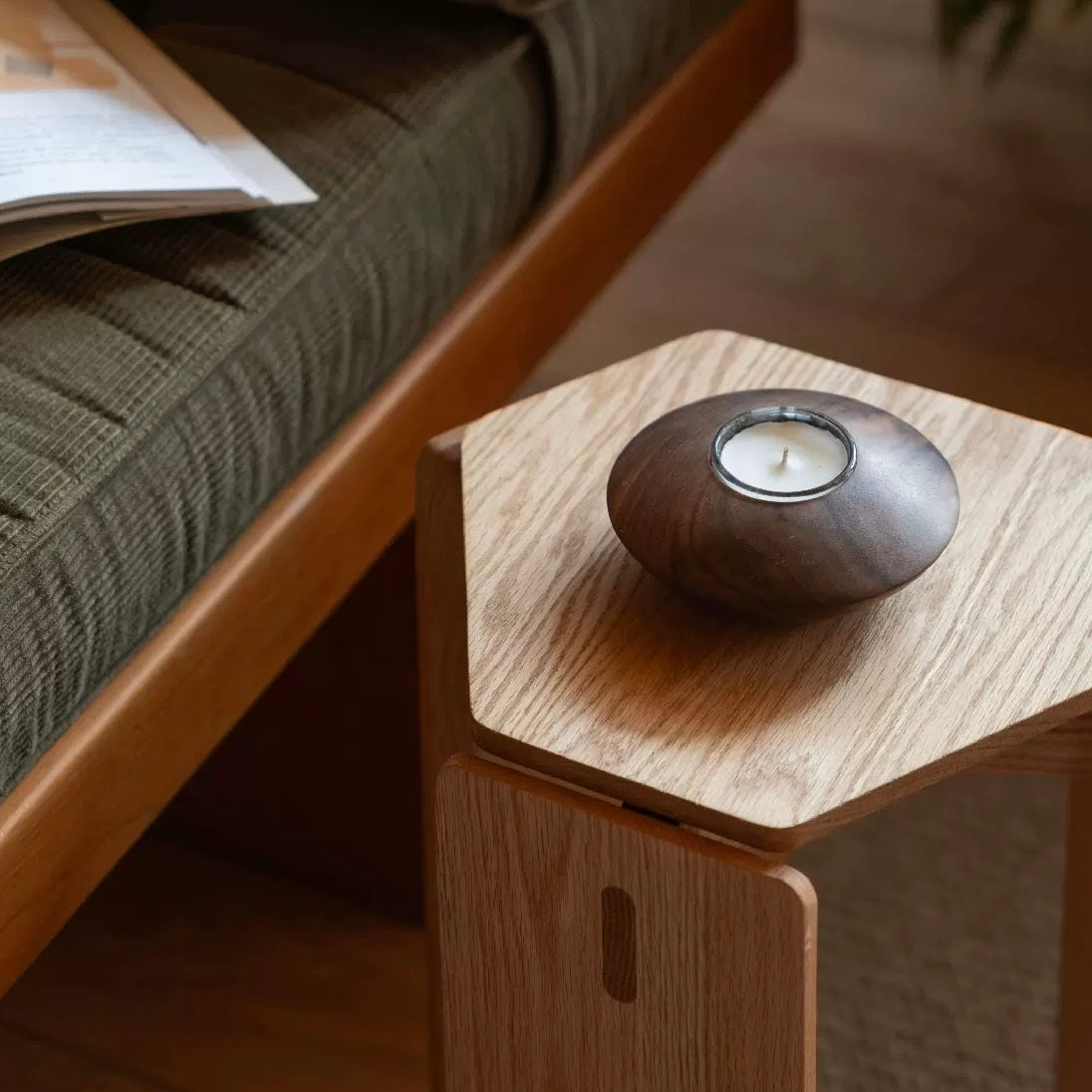 wooden candle holder with scented candle