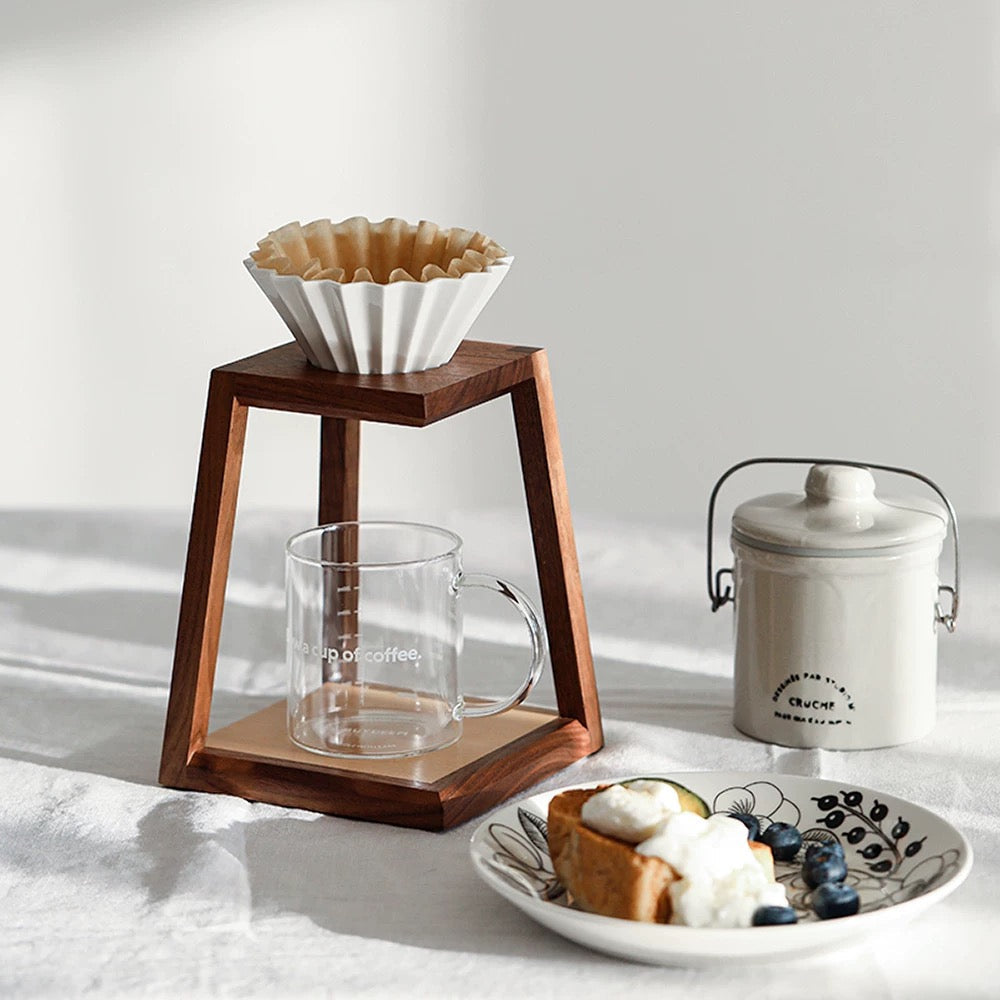wooden pour-over coffee stand